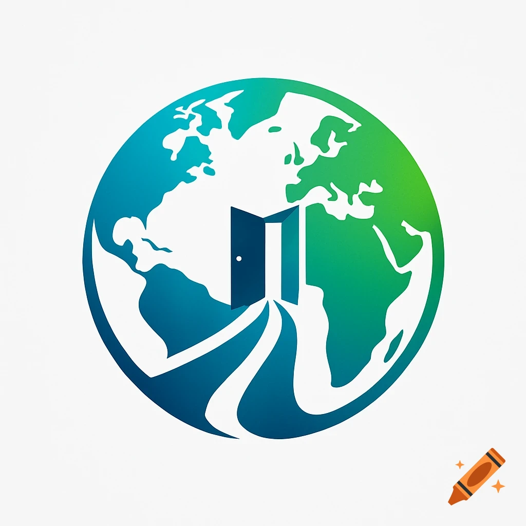 A stylized logo of a globe in blue and green gradients, featuring an open dark blue door and winding pathways emerging from it.