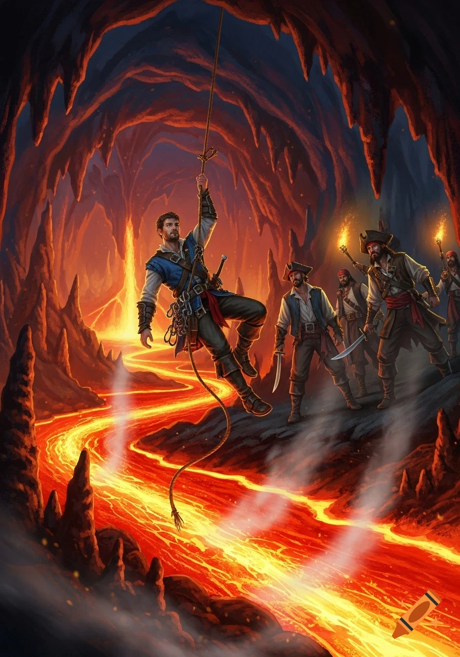 A man hangs by a rope over a river of molten lava in a dark cave, watched by pirates with swords and torches. Digital art.