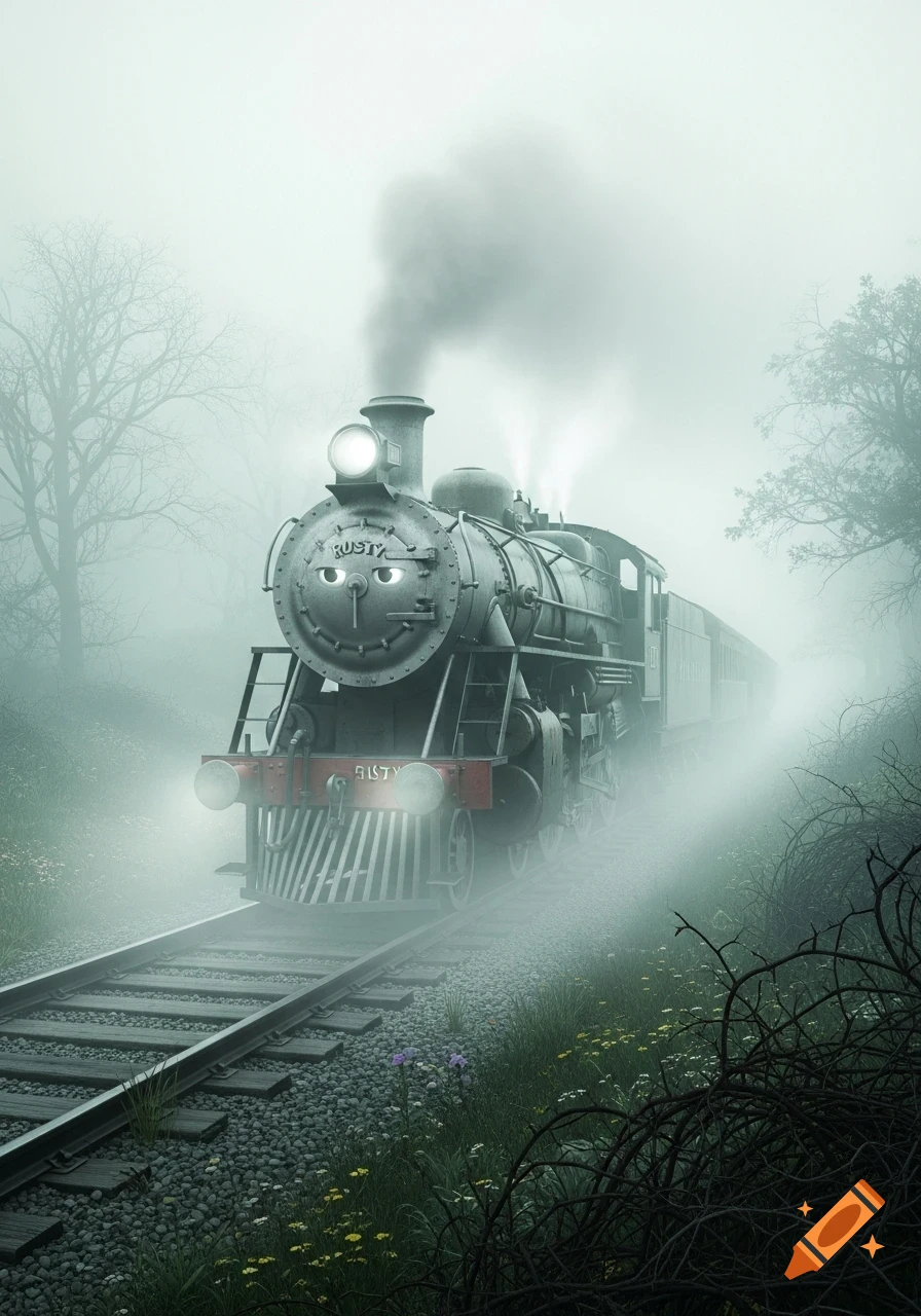 A cartoonish steam engine named Rusty with glowing eyes emerges from thick fog on train tracks, surrounded by eerie, bare trees and tangled bushes.