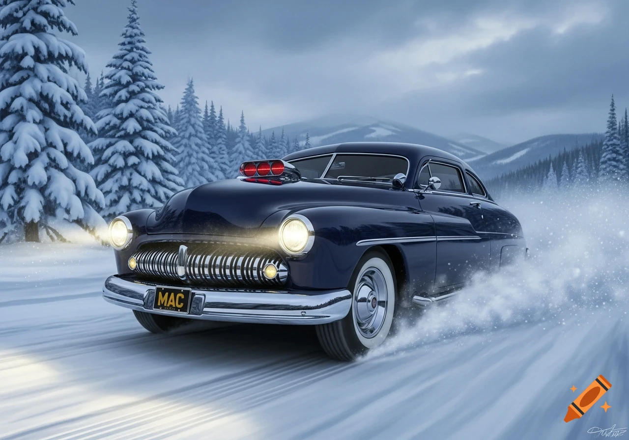 Dark blue customized 1950 Mercury coupe with a supercharger speeding through snow-covered landscape with pine trees.