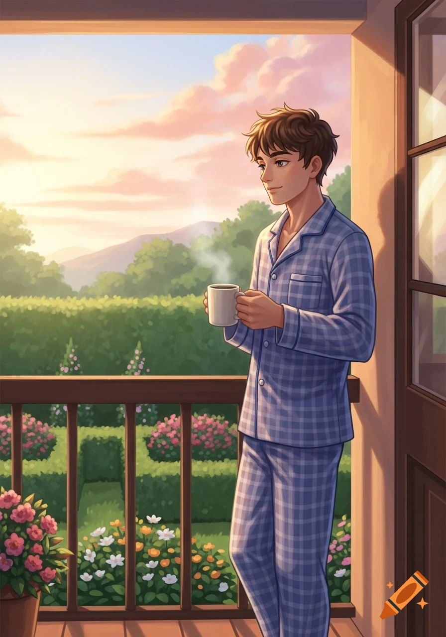 An anime illustration of a young man in blue plaid pajamas holding a steaming mug, standing on a balcony overlooking a vibrant garden at sunrise.
