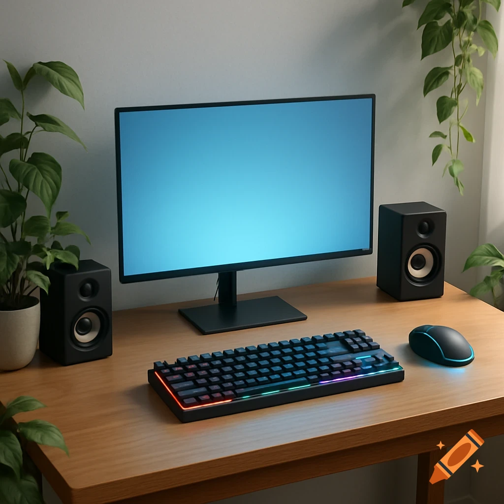A minimalist computer desk setup with a monitor, RGB keyboard, mouse, speakers, and green plants.
