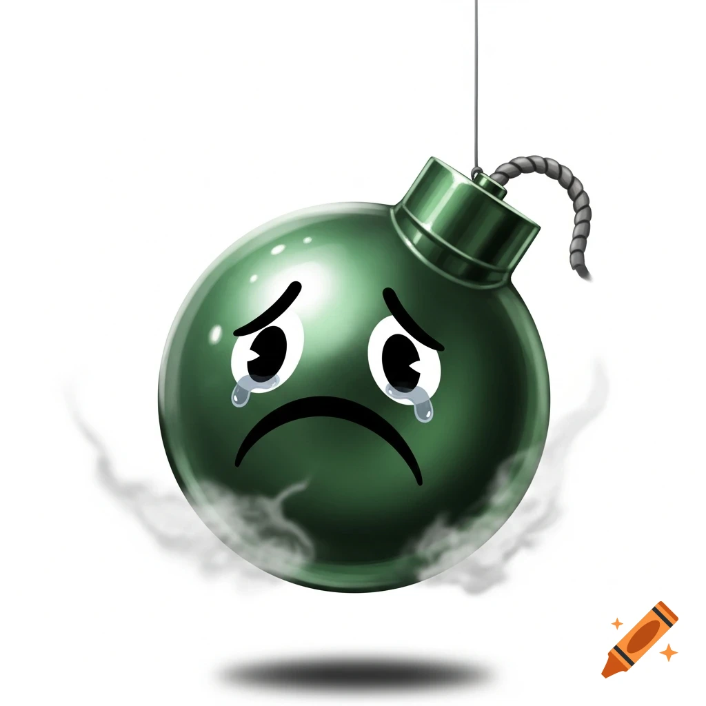 A cartoon green bomb with a sad face and tears hangs by a string, emitting smoke from its base, against a white background.