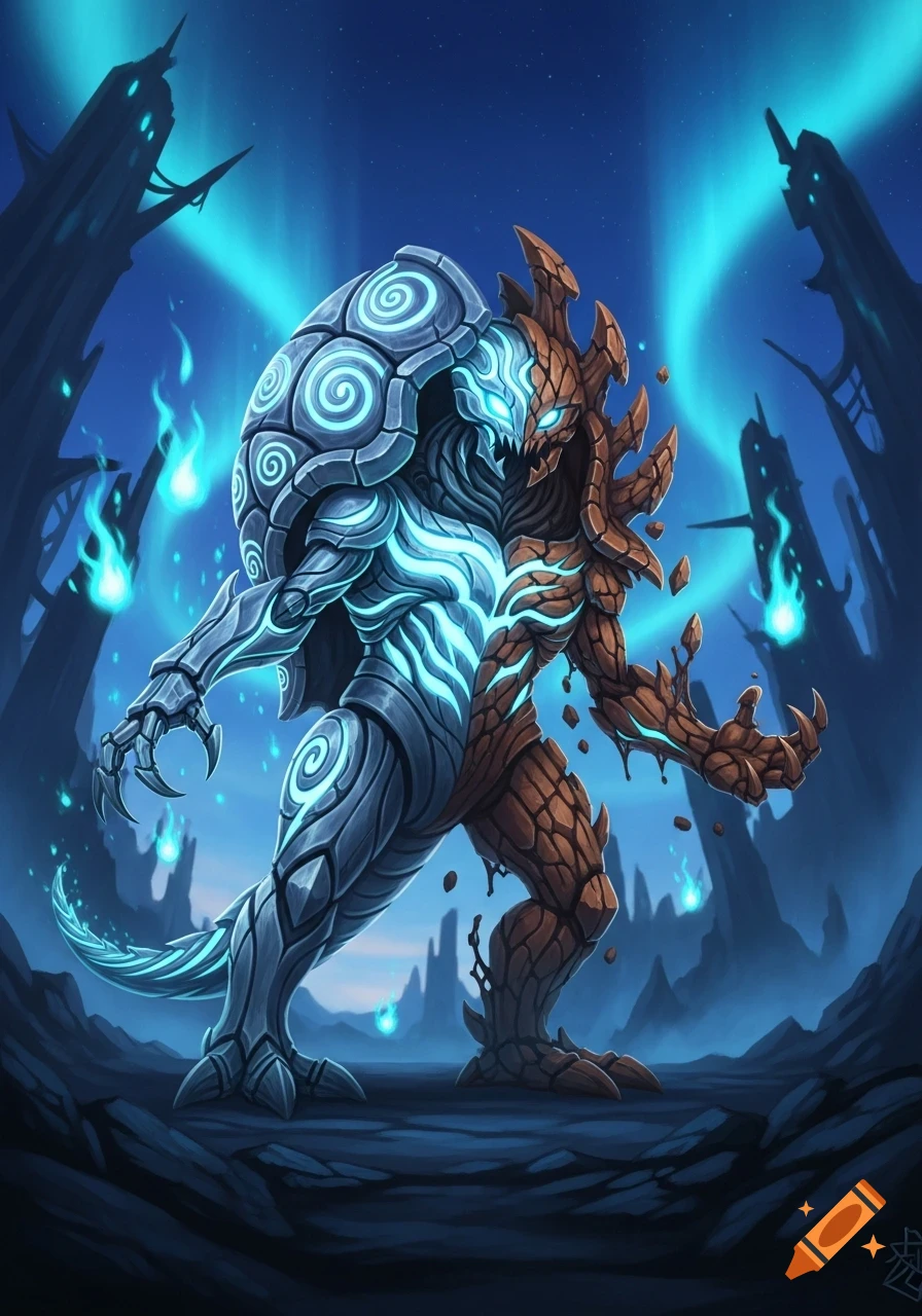 A fantasy monster, half glowing blue armor and half rocky brown, stands in a dark alien landscape with blue flames and aurora.