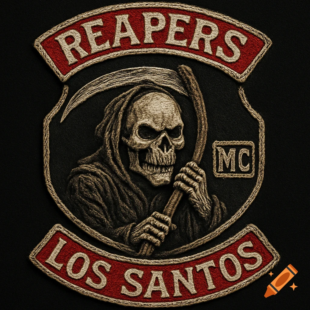 Vintage embroidered motorcycle club patch with a skull holding a scythe, text 'REAPERS MC' and 'LOS SANTOS'.