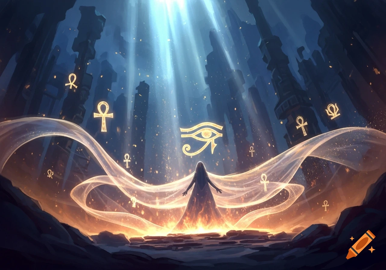 A mysterious figure stands in a fantastical, ancient ruin, enveloped by glowing energy and Egyptian symbols.