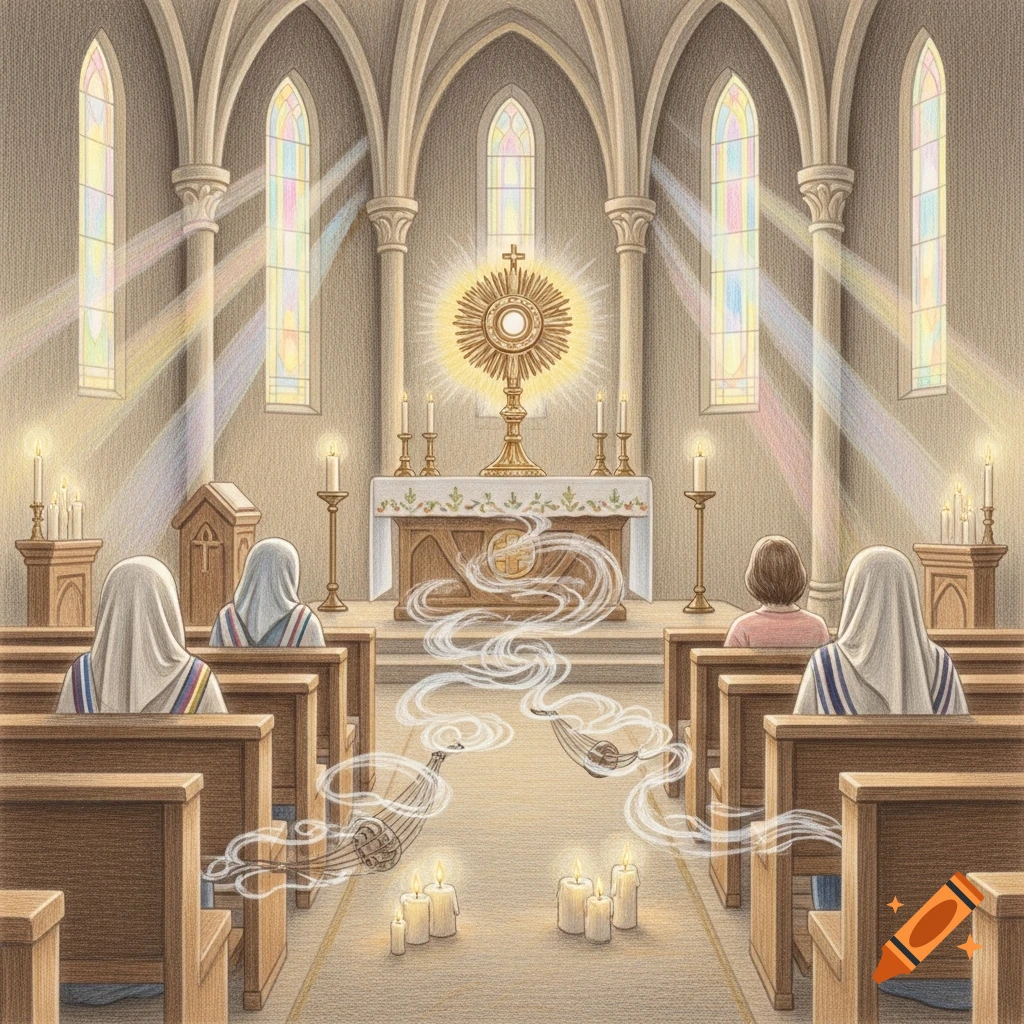 Drawing of a church interior with worshippers kneeling during Eucharistic adoration, light rays stream through stained glass windows onto the altar.