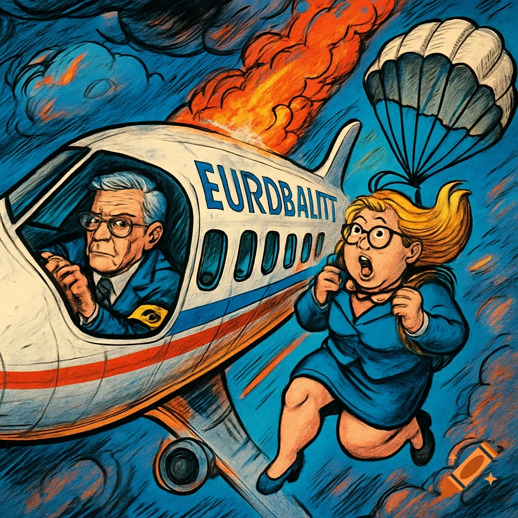 A cartoon of a pilot in a burning plane, named 'EURDBALITT', as a blonde stewardess with a small parachute falls beside it.