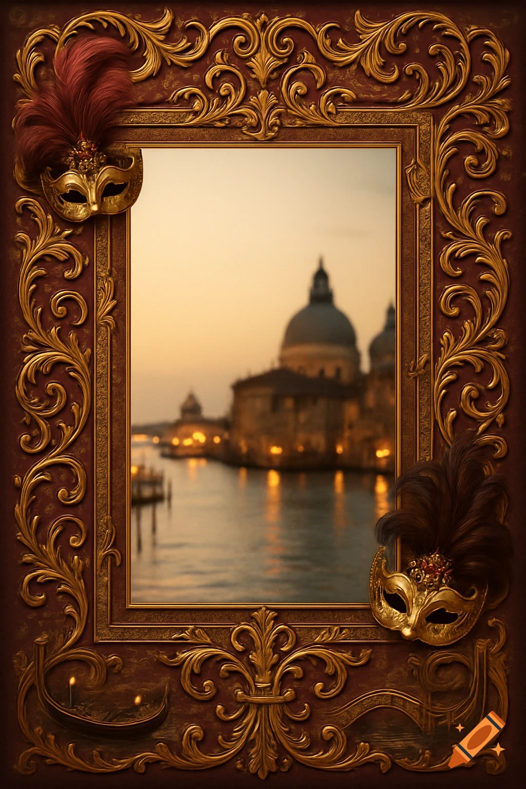 Highly detailed ornate gold frame with red velvet accents and two feathered Venetian masquerade masks, framing a blurred sunset view of Venice.