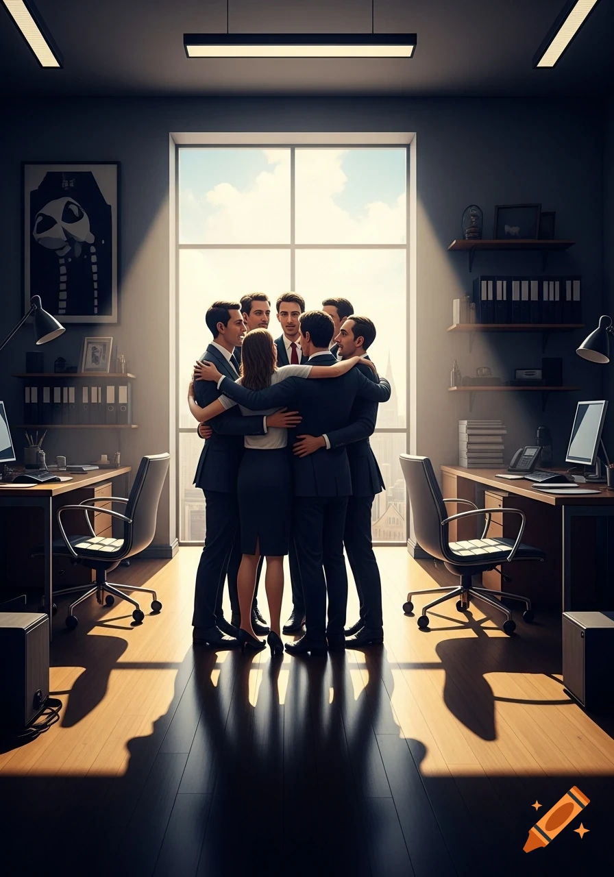Seven people in business attire embrace in a surreal office with dramatic chiaroscuro lighting from a large window.