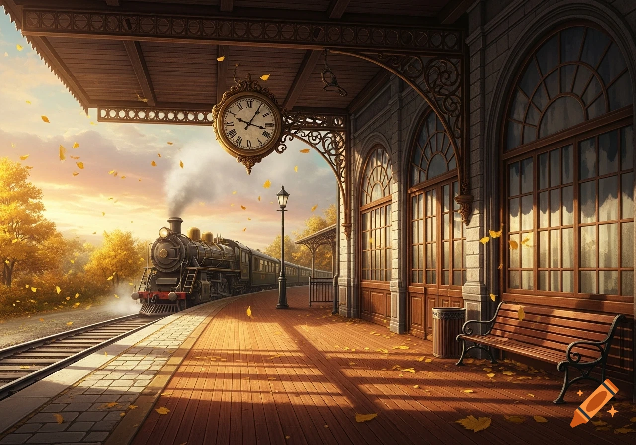 An old train station with a steam locomotive on the tracks during sunset. Autumn leaves scatter across the wooden platform, and a large clock hangs from the canopy.