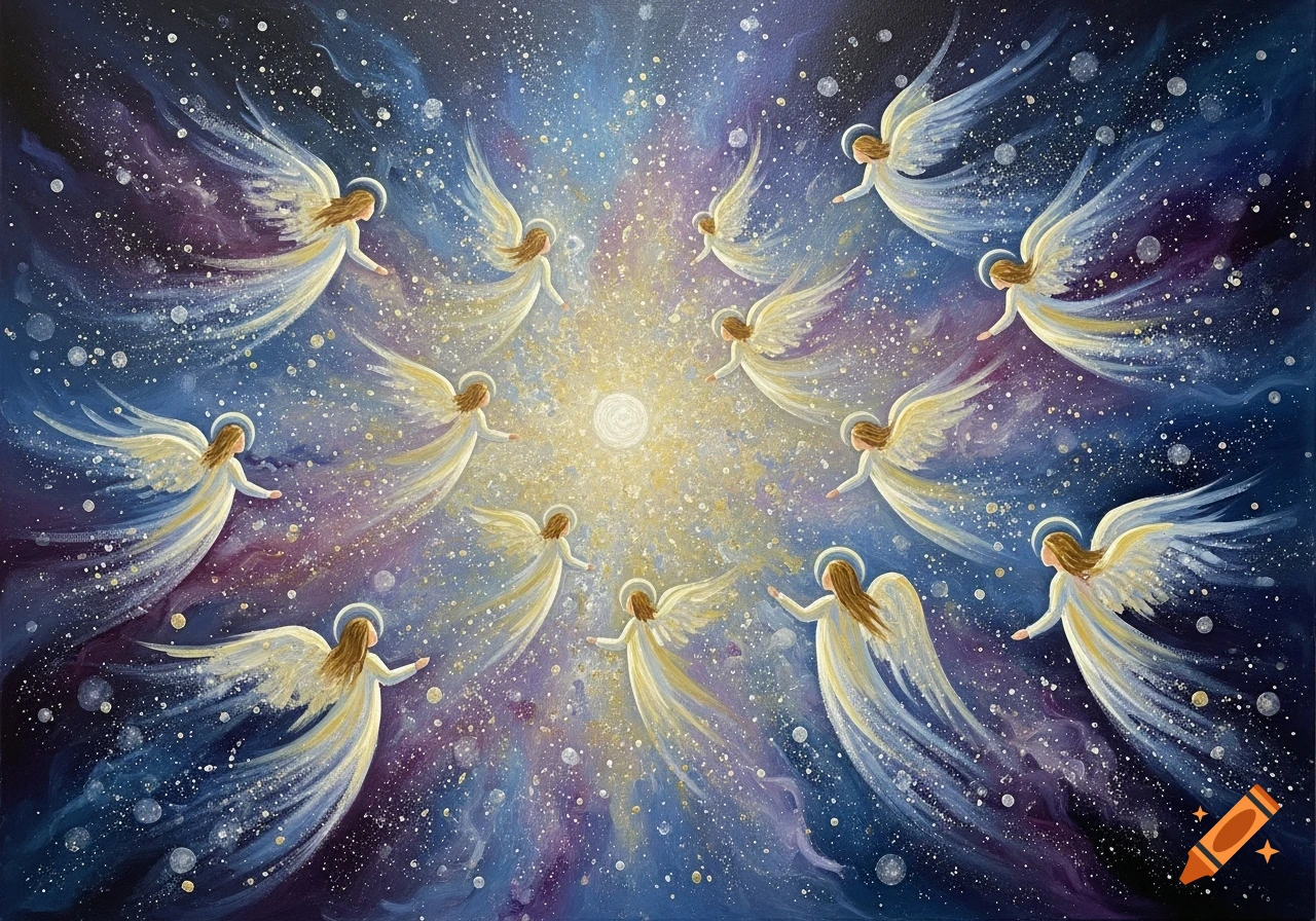 Impressionistic painting of many angels with flowing robes and wings floating in a vibrant, star-filled night sky around a bright light.