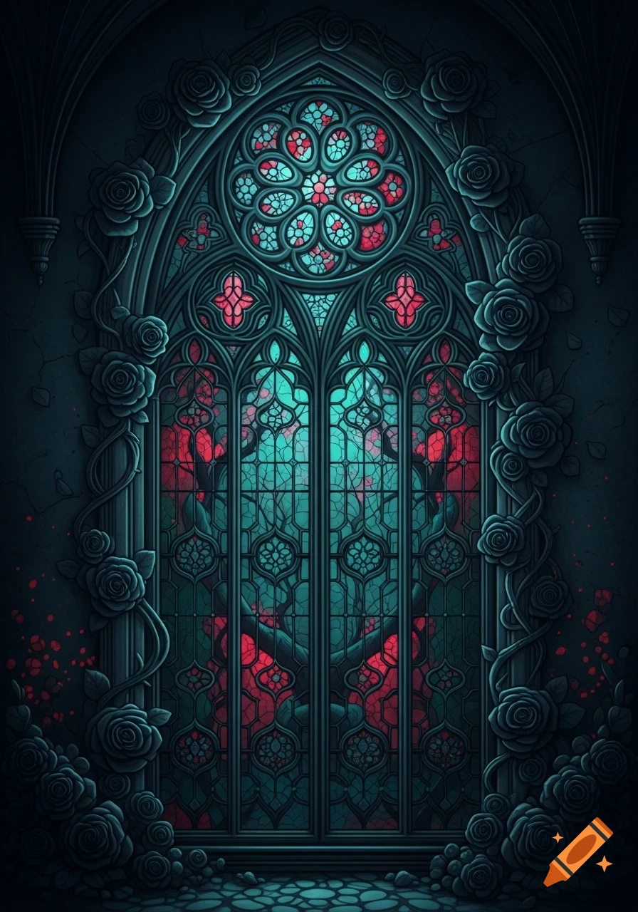 A darkly ornate Victorian gothic arch window featuring intricate stained glass in deep teal and crimson, framed by black roses.