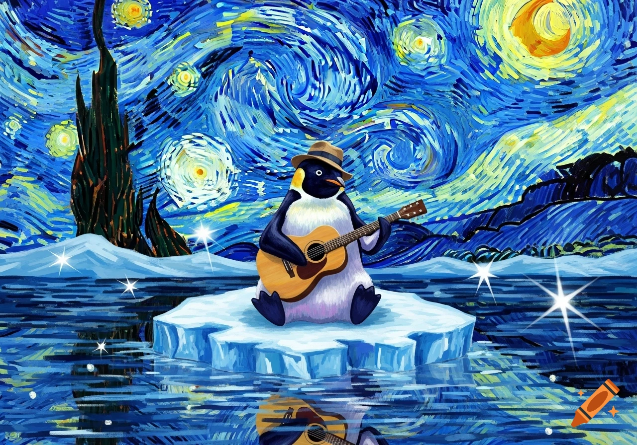 Van Gogh-style painting of a penguin in a hat playing a guitar on an ice floe.