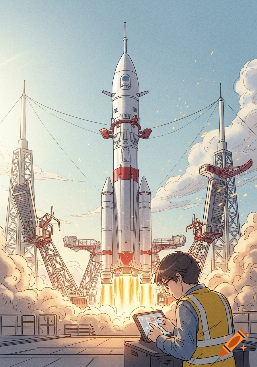 Anime Style Rocketship An anime-style illustration of a young man in a safety vest operating a ...