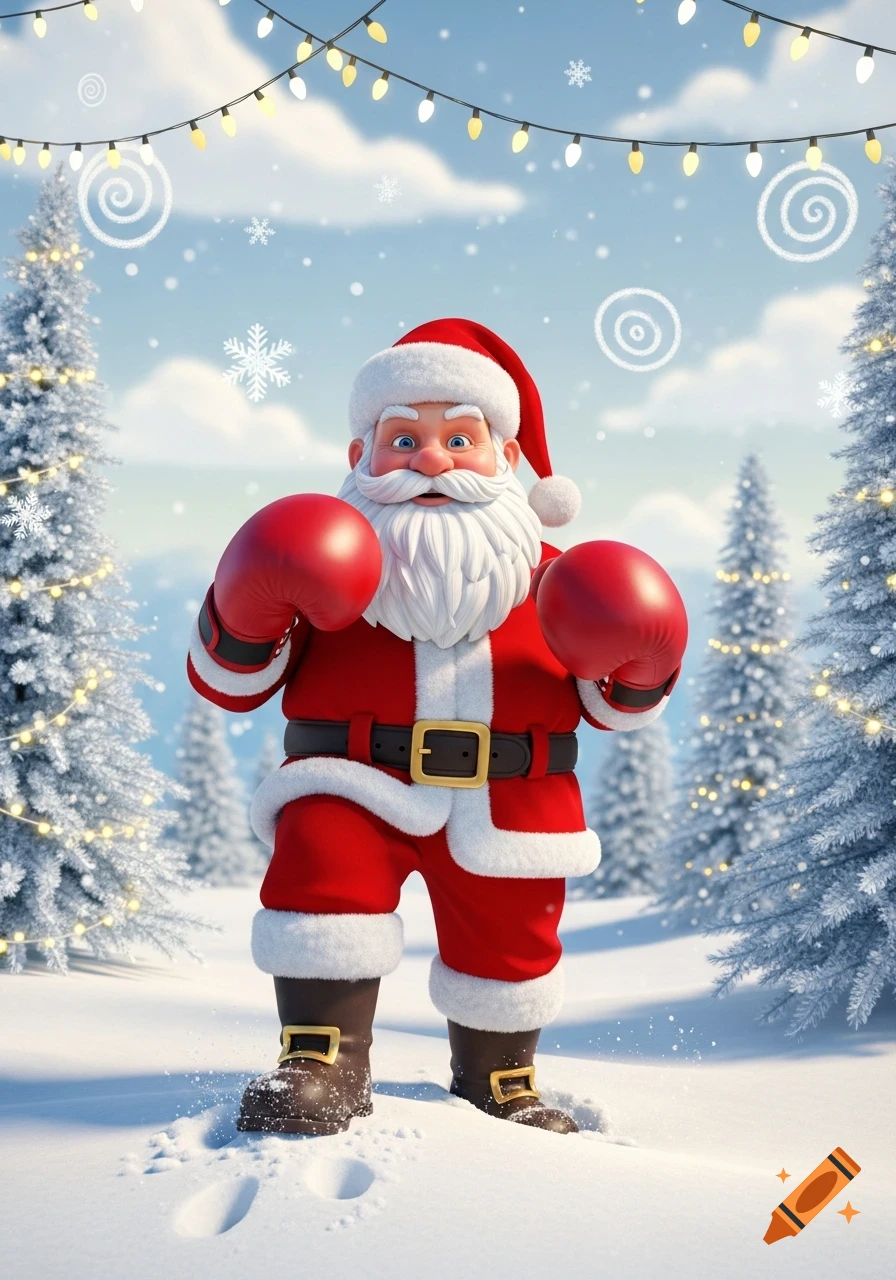 Cartoon Santa Claus in red boxing gloves stands in a snowy forest with decorated Christmas trees and string lights.