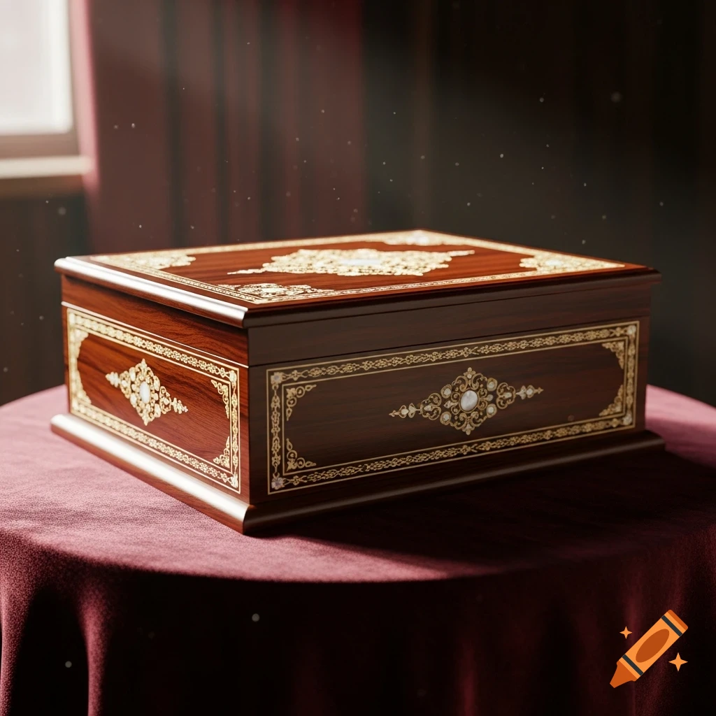 A richly decorated wooden box with gold and pearl inlay sits on a deep red velvet tablecloth.