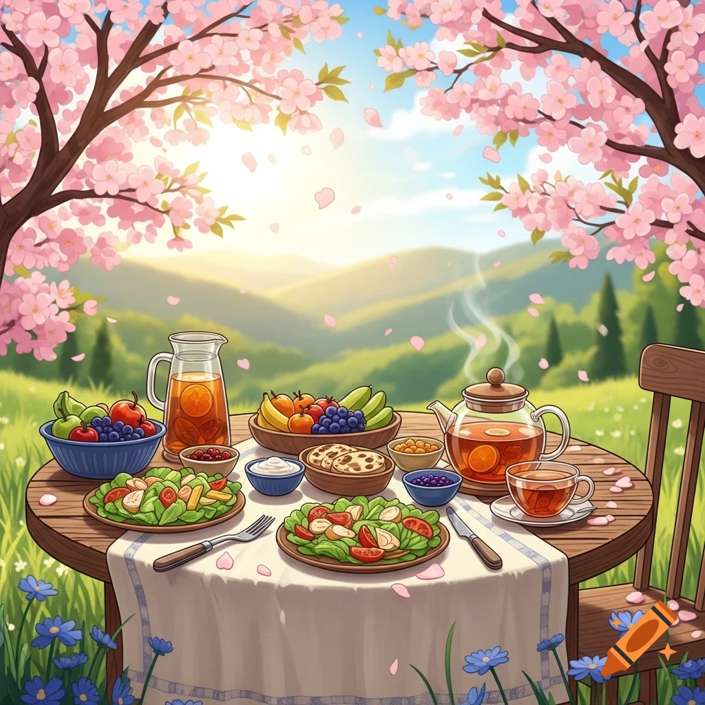 Vibrant illustration of a picnic spread with salads, fruits, and tea under pink cherry blossom trees, set against a serene landscape.