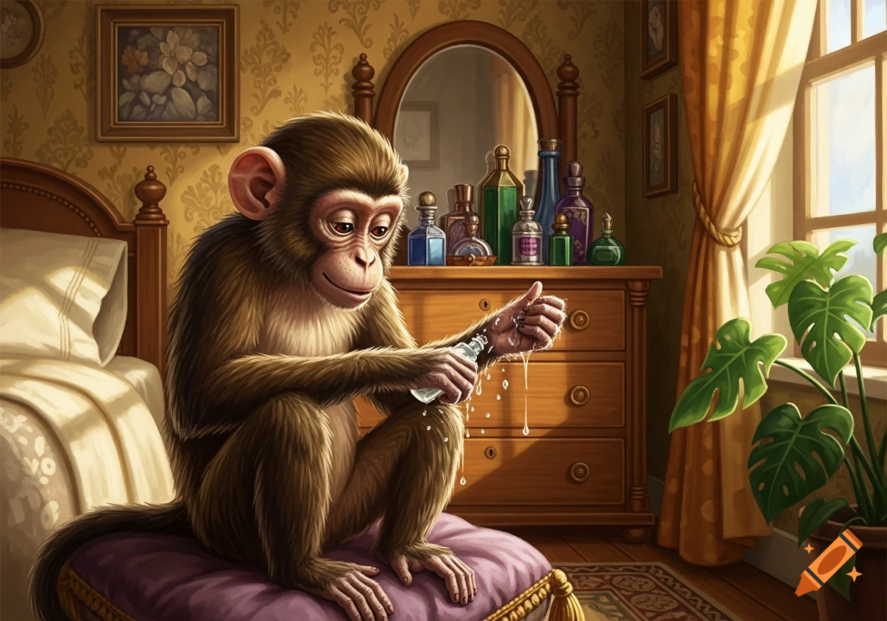 A cute, illustrated monkey sits on a pillow in a bedroom, pouring oil from a small bottle onto its hand.