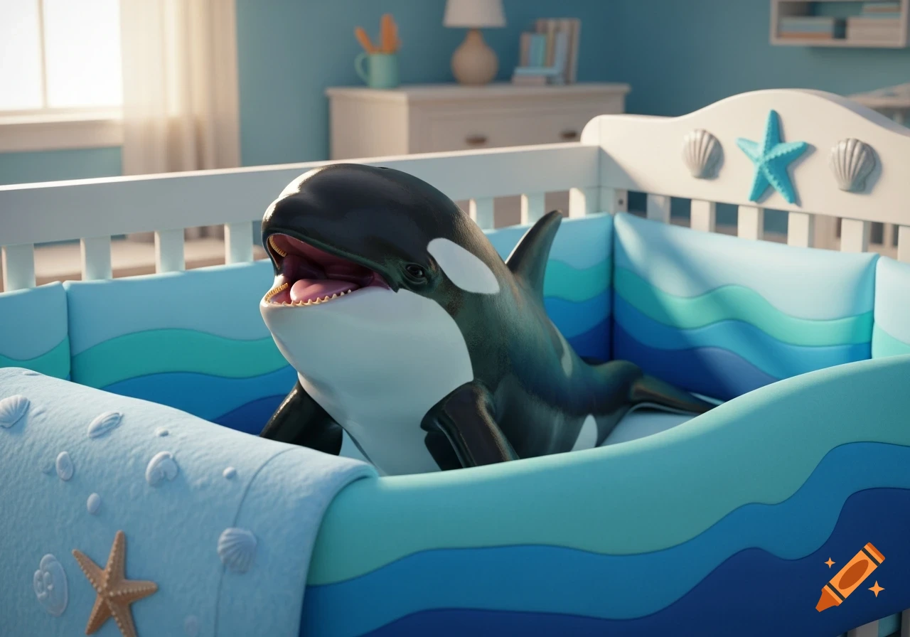 A baby orca with its mouth open lies in a blue and white crib adorned with starfish and shells in a brightly lit nursery.