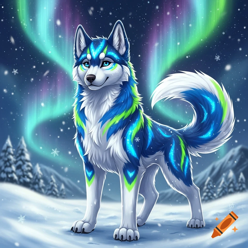 Vibrant stylized husky with blue, green, and white fur stands in a snowy forest under a colorful aurora borealis at night.