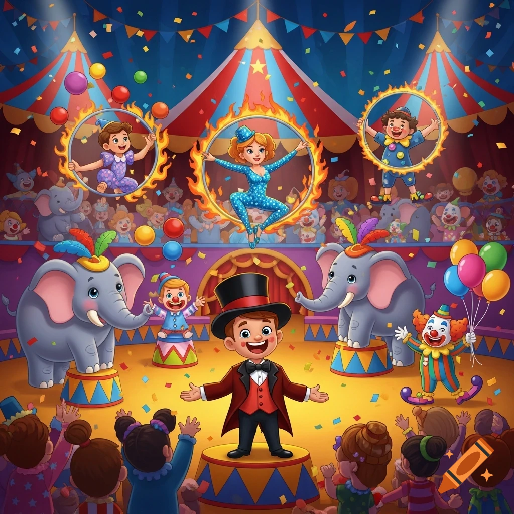 A vibrant cartoon circus scene featuring a ringmaster, acrobats in flaming hoops, elephants, clowns, and a cheering audience.