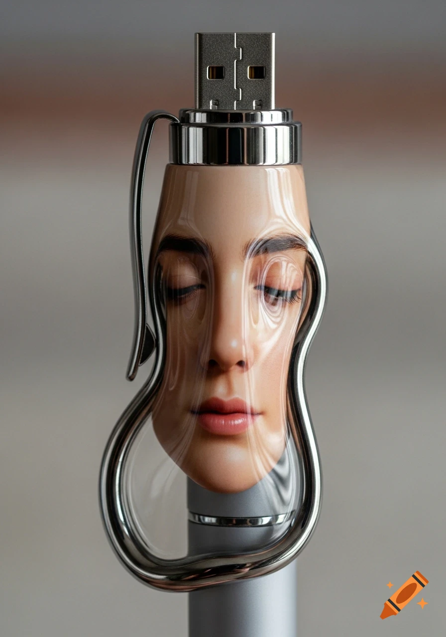 A surreal USB drive featuring a photorealistic woman's face distorted within a clear, melted-looking casing and a metal frame.