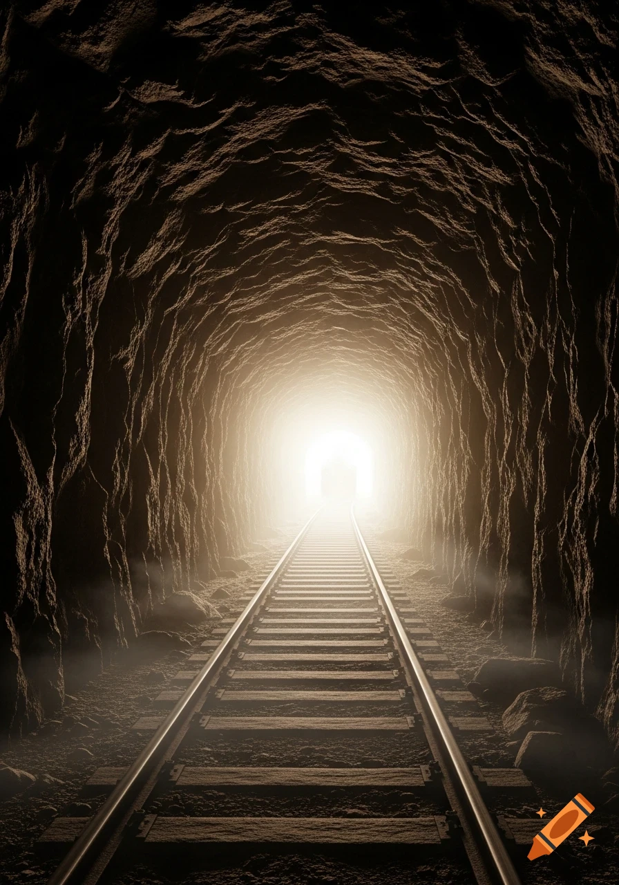 Railway tracks extending through a dark, roughly hewn tunnel towards a brilliant white light at the distant end.