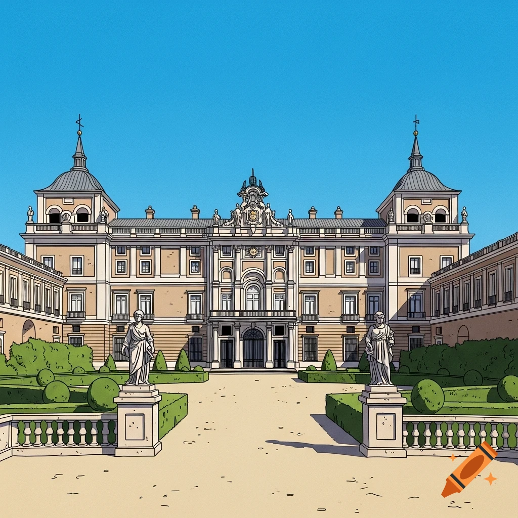 Comic art illustration of a grand, ornate palace with domed towers, a central courtyard, and symmetrical gardens with statues.