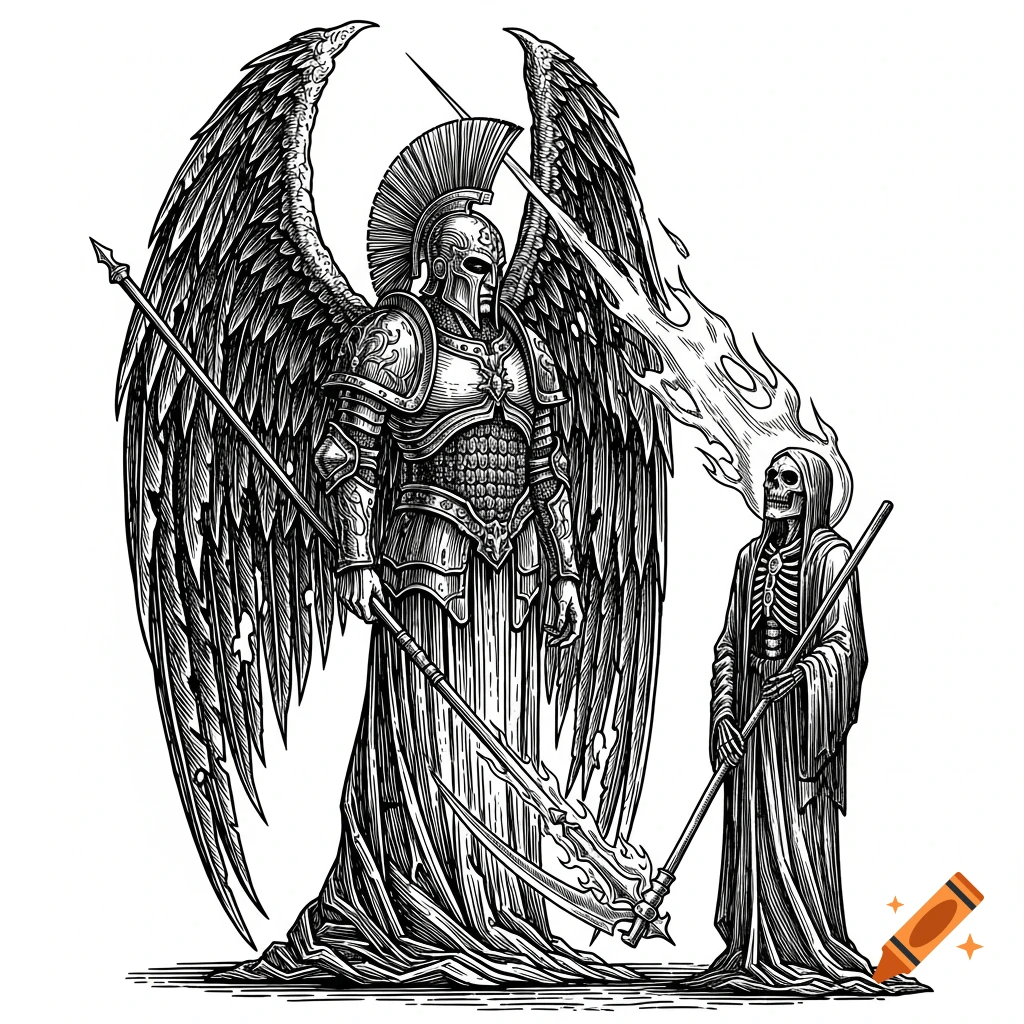A black and white engraving shows a massive armored angel with large wings holding a spear, standing beside a smaller skeleton figure holding a staff.