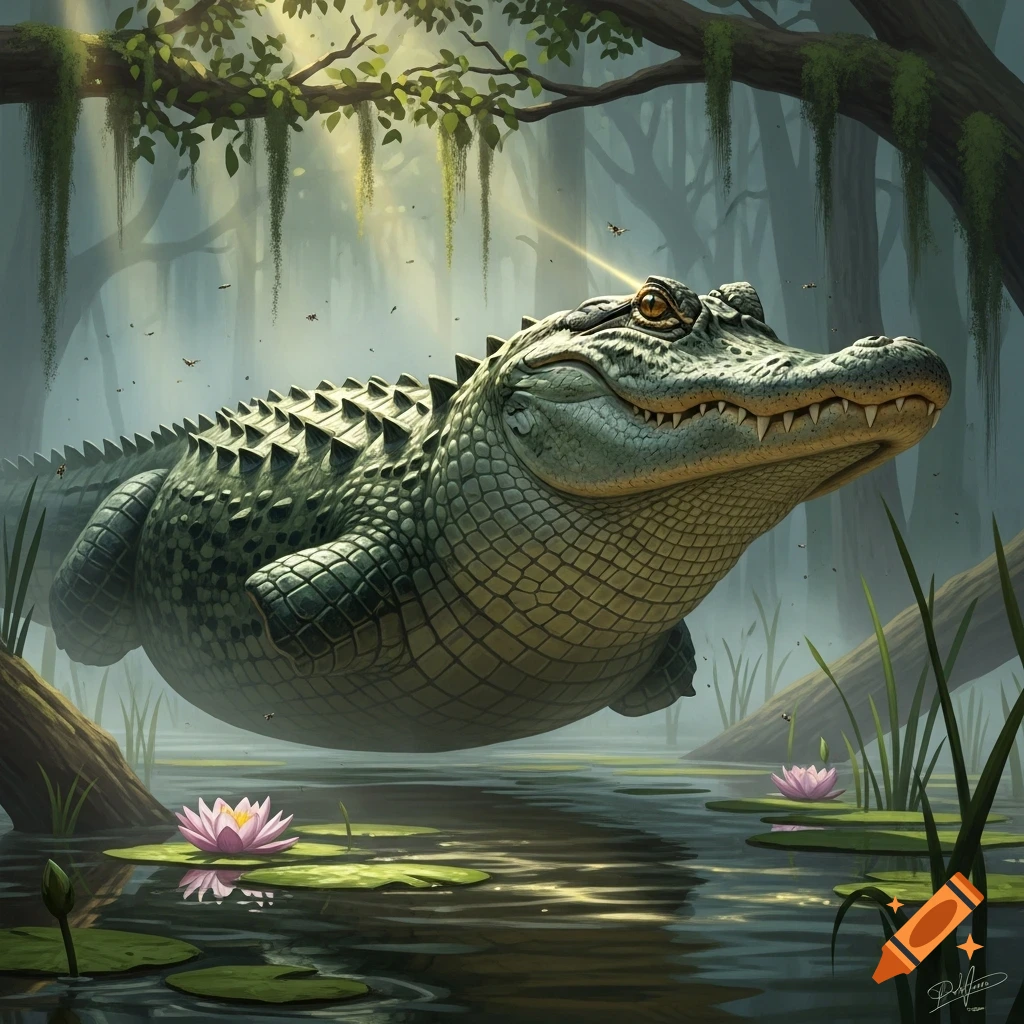 A majestic floating alligator with glowing eyes, surrounded by lily pads in a misty, sunlit swamp with cypress trees.