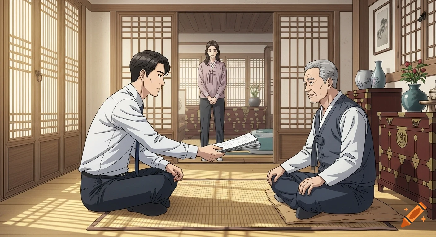 A middle-aged man shows documents to an elderly man in a traditional Korean house as a woman watches, anime style.