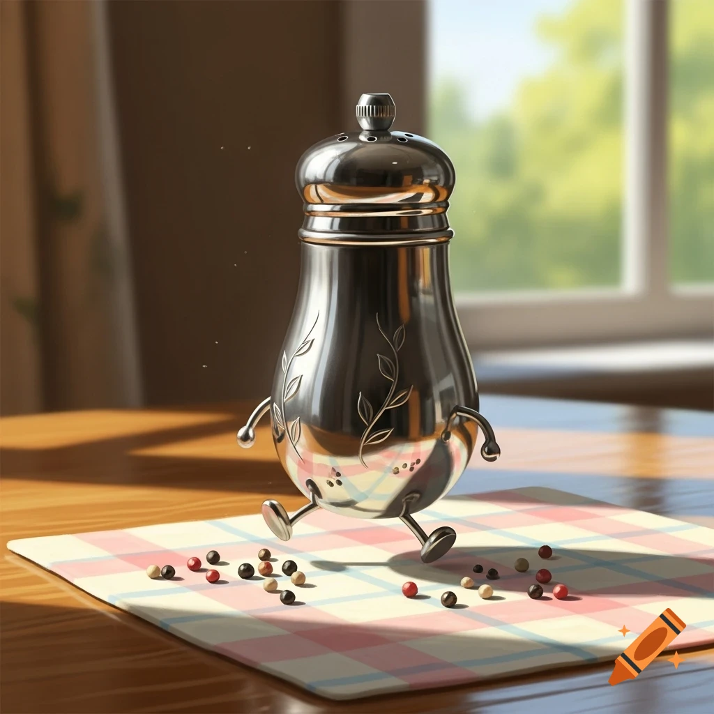 A shiny metallic pepper shaker with small feet walks on a plaid placemat, scattering peppercorns on a wooden table. A window is in the background.