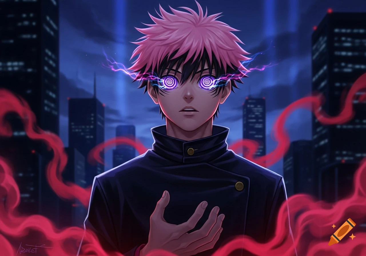 Anime character Yuji Itadori with pink hair and glowing purple hypnotic eyes, surrounded by red smoke in a city at night.