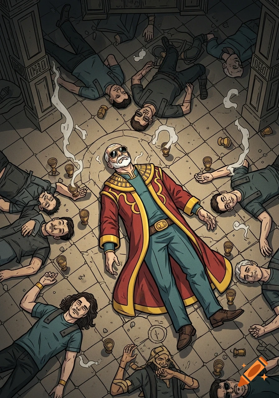 Top-down view of an older man in a ceremonial robe and aviators lying on a stone floor, surrounded by many unconscious people and scattered cups. Stylized comic book art.