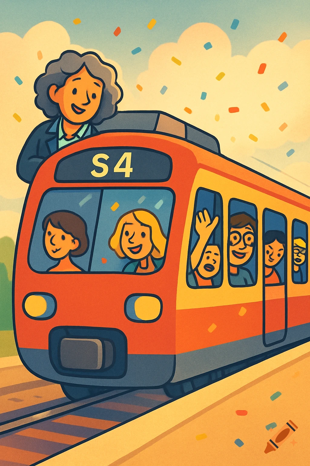 A cartoon red and yellow train with 'S4' on the front, a driver leaning out and smiling, and happy passengers waving from windows under falling confetti.