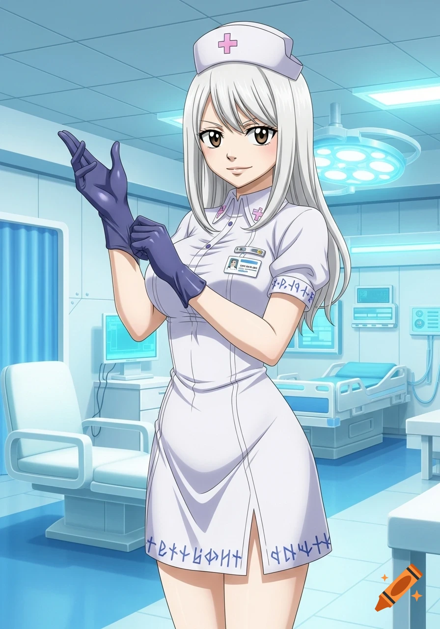 Anime character Mirajane Strauss as a nurse, with long white hair, putting on purple latex gloves in a bright hospital room.