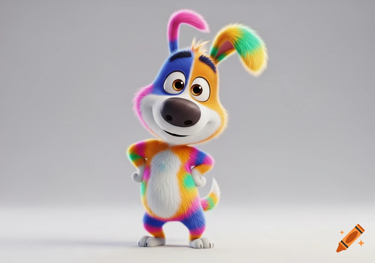 A friendly, colorful 3D cartoon dog with bright fur, large eyes, and a big smile, standing with hands on hips.