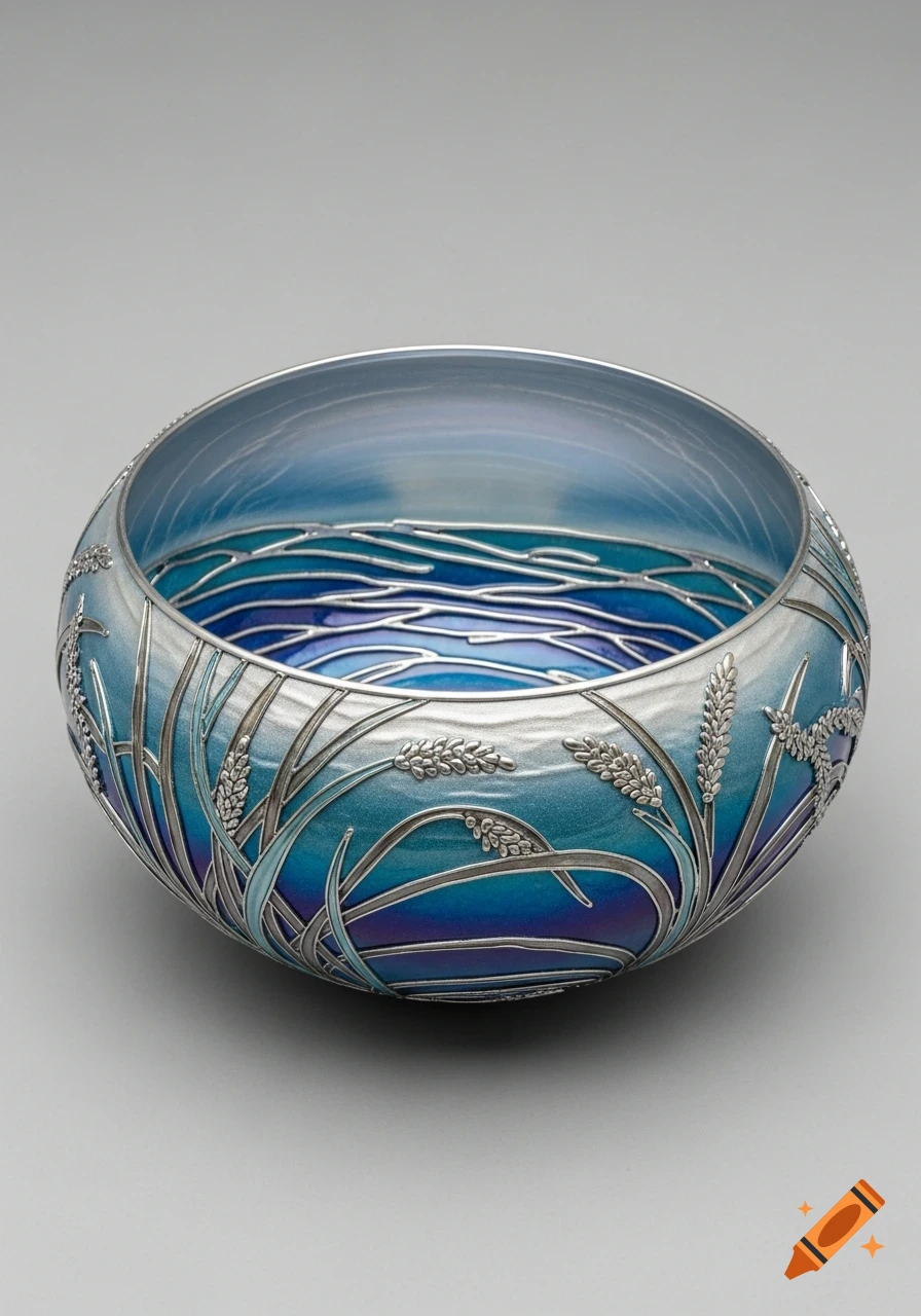 A decorative bowl with silver marine-style wave and wheat patterns on a blue and silver background.