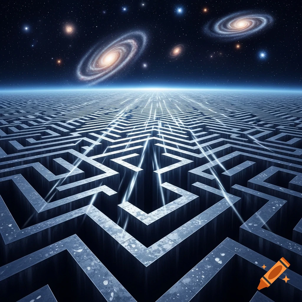 A vast, blue geometric labyrinth under a starry space sky with glowing galaxies and light beams.