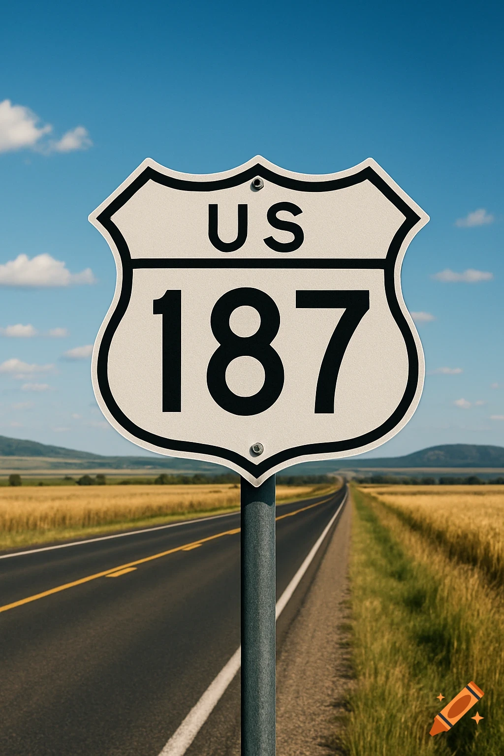A photorealistic close-up of a white US 187 highway sign on a post, with an empty road through golden fields under a blue sky.