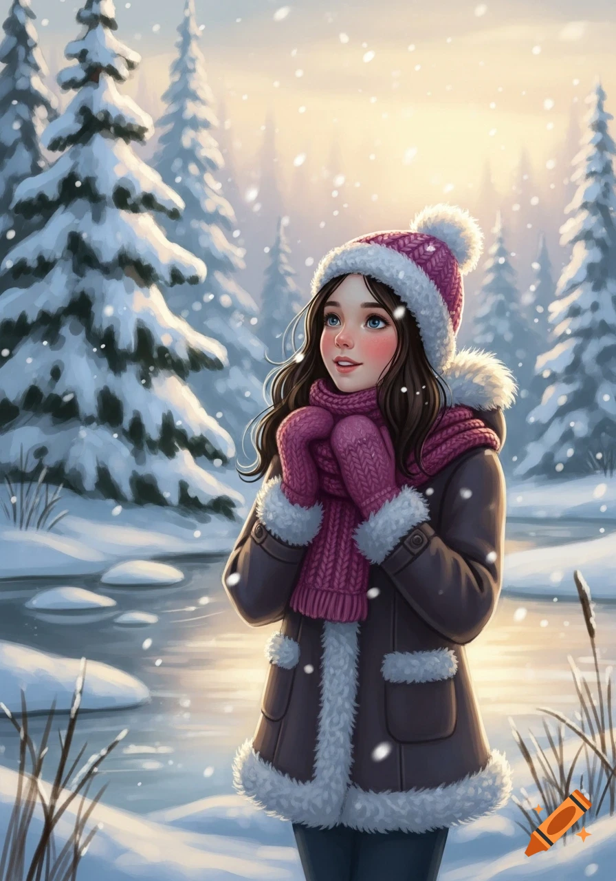 Cute illustrative girl in a pink hat, scarf, and mittens stands in a snowy forest by a stream, gazing up at falling snow.