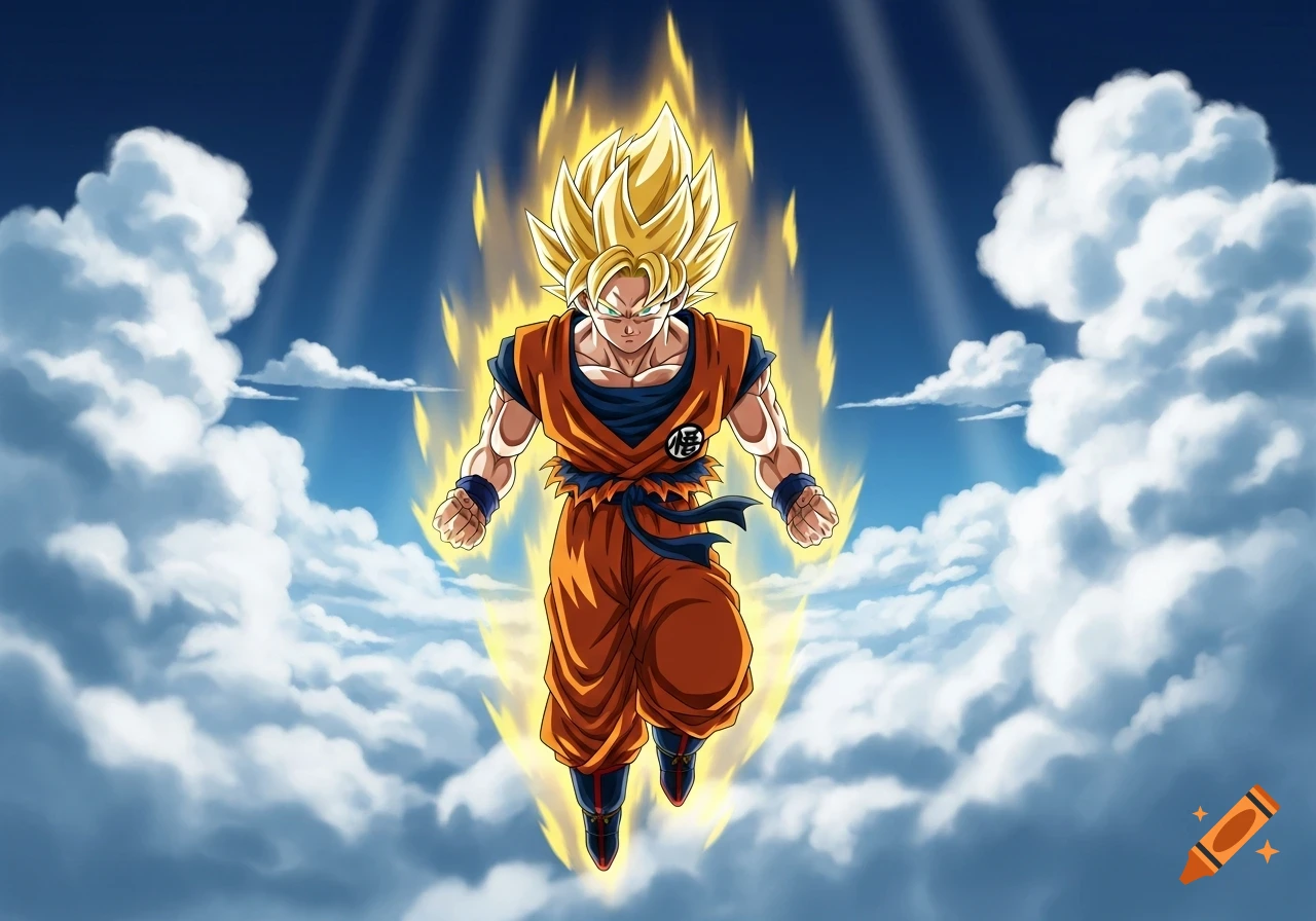 Goku in his Super Saiyan form, glowing with golden energy, flying against a blue sky with white clouds in anime style.