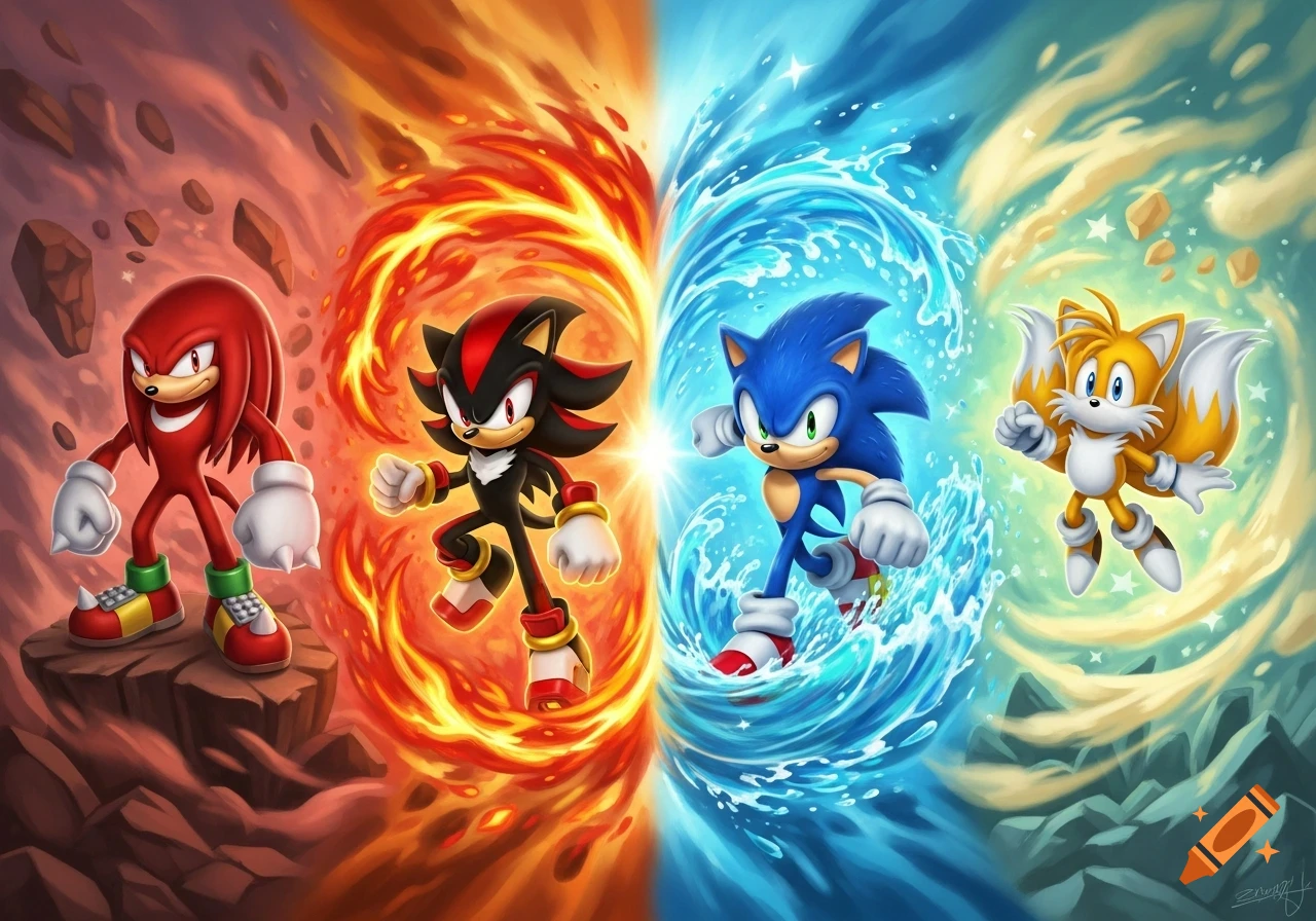 Knuckles, Shadow, Sonic, and Tails in an action pose, surrounded by earth, fire, water, and wind elements.