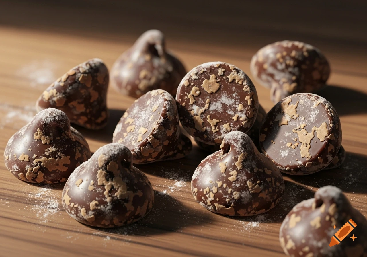 Close-up of irregularly shaped chocolate candies with light-colored flakes and powdered sugar on a wooden surface.