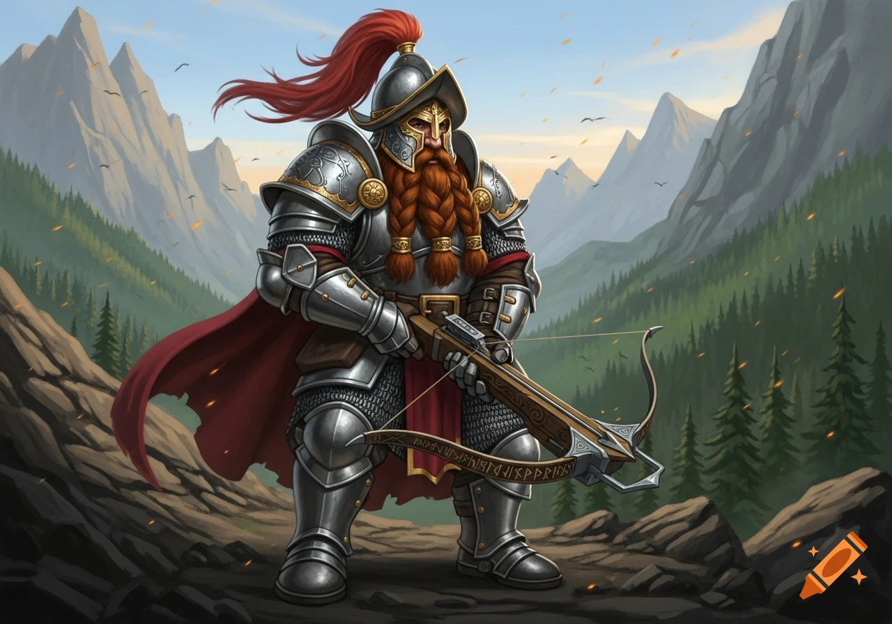 A bearded dwarf warrior in ornate silver plate armor with a red cape and plumed helmet, holding a crossbow, stands in a mountain forest.