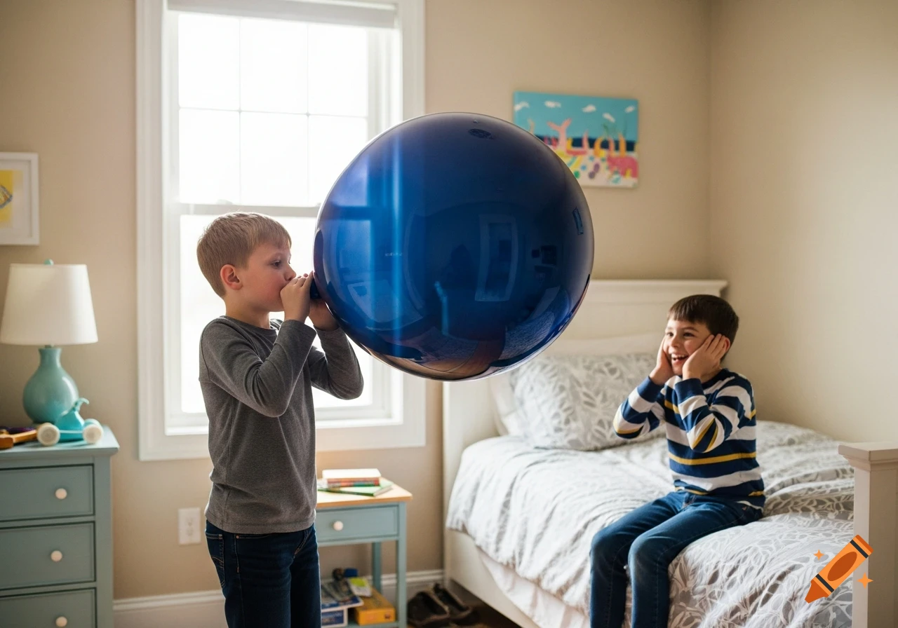 A boy inflates a large blue balloon in a bedroom, while another boy on the bed covers his ears and laughs.