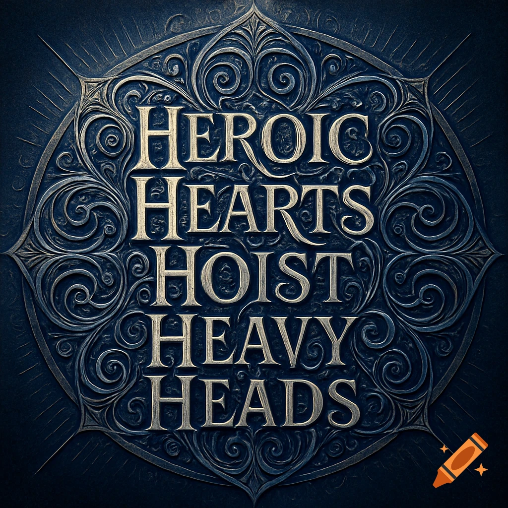 Ornate metallic mandala with the phrase 'Heroic Hearts Hoist Heavy Heads' in silver lettering on a dark blue background.
