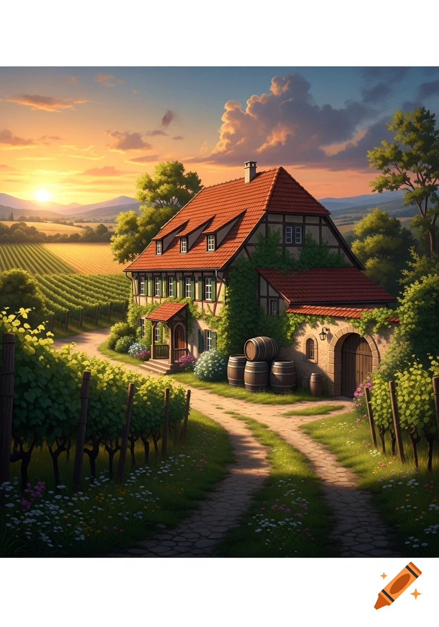 Picturesque stone and timber-framed house with a red roof amidst a vineyard at sunset, with a dirt path leading up to it.