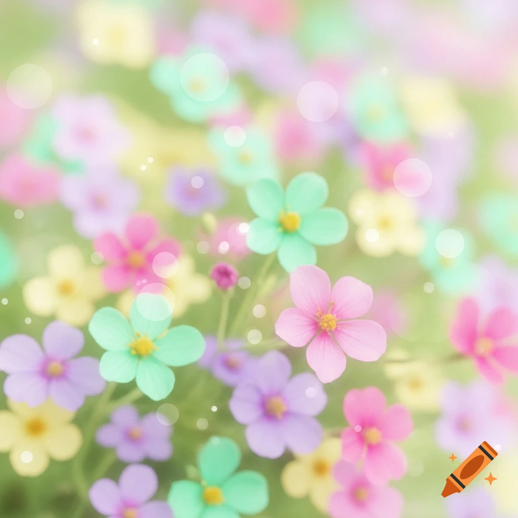 A dreamy, softly blurred background of pastel pink, mint green, lavender, and yellow flowers with gentle bokeh.